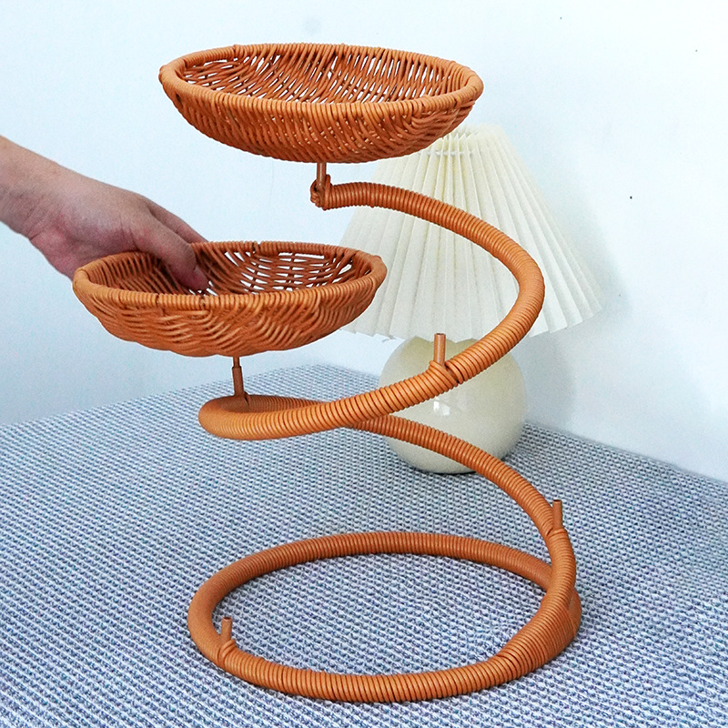 Imitation rattan weaving pine fruit rack light luxury living room tea table snack candy tray multi-layer storage rack - Image 2