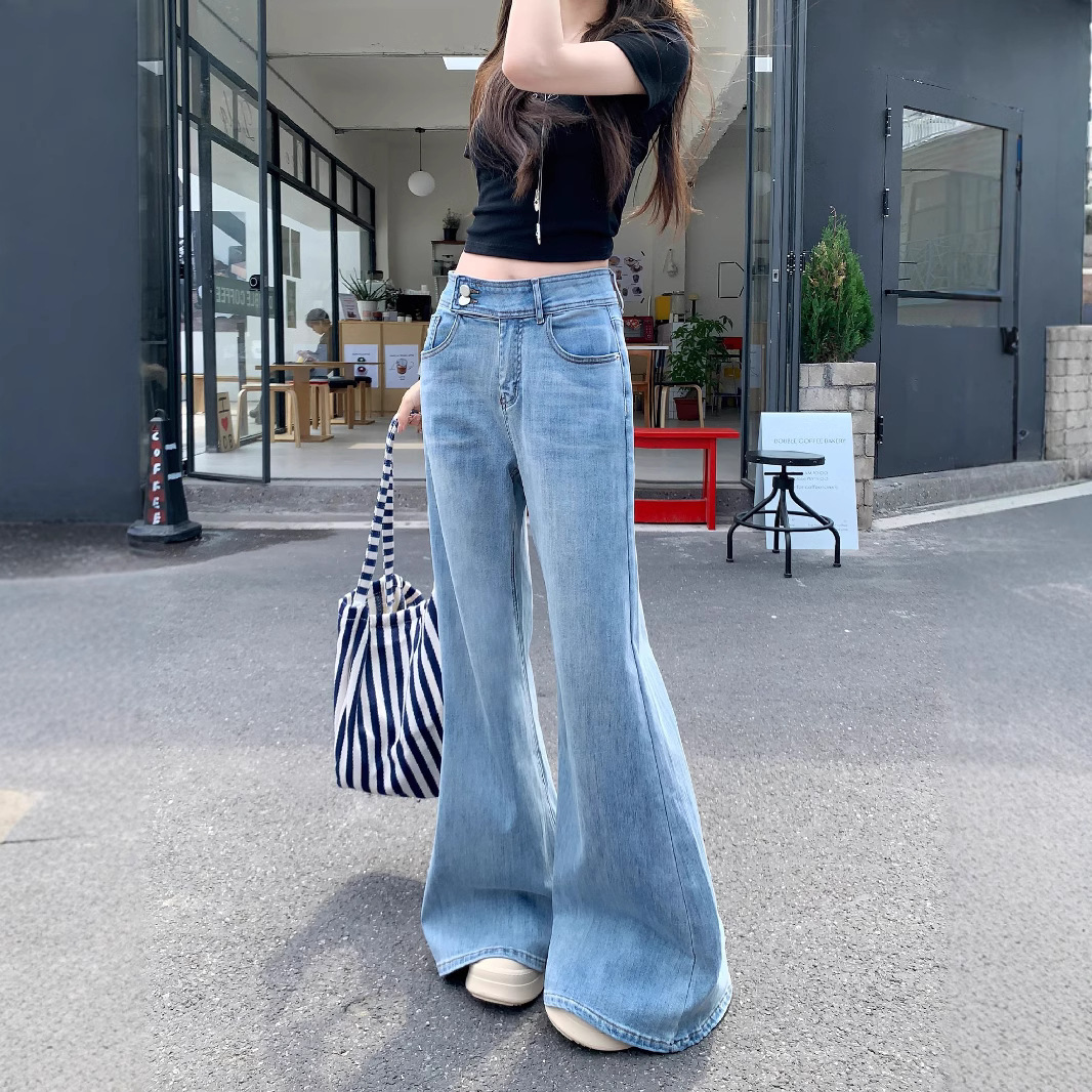 Real-life photo of spring and summer loose and slightly flared elastic jeans for women with high waist wide-leg pants - Image 3
