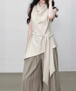 Yuzhi high-quality sleeveless top summer lace-up waist-hugging design temperament beige-white shirt for women