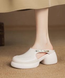 Baotou thick-soled sandals for women with soft leather wearing thick heels semi-drag summer metal buckle high heel fairy slippers