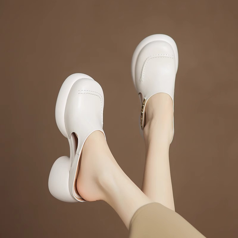 Baotou thick-soled sandals for women with soft leather wearing thick heels semi-drag summer metal buckle high heel fairy slippers - Image 2
