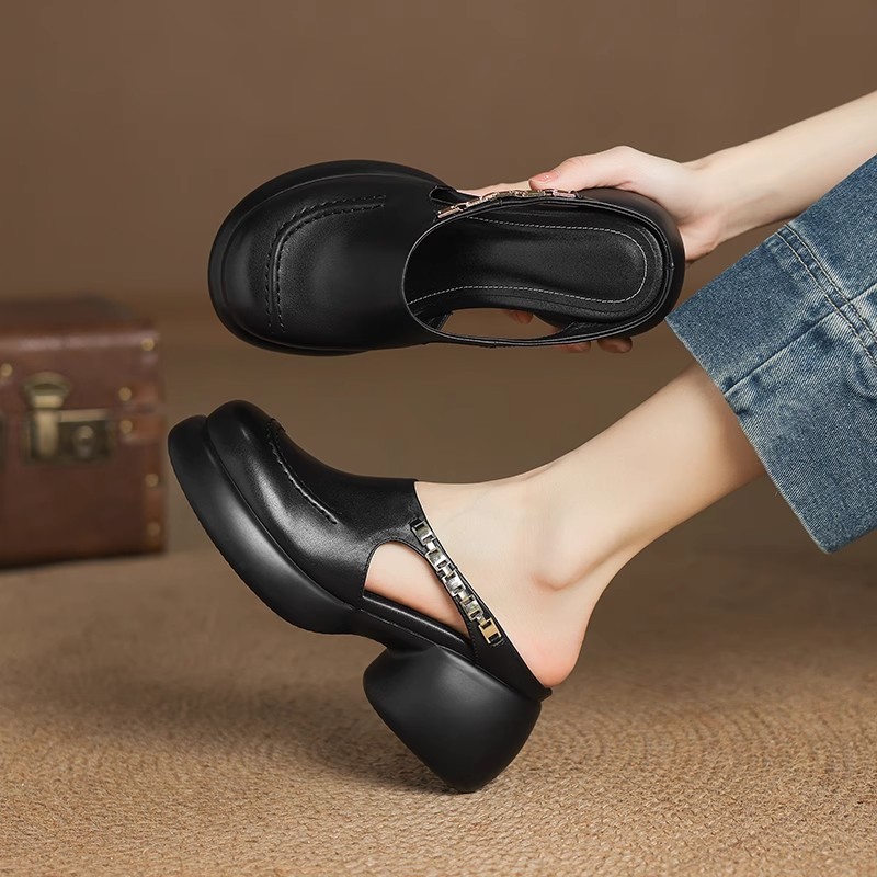 Baotou thick-soled sandals for women with soft leather wearing thick heels semi-drag summer metal buckle high heel fairy slippers - Image 3