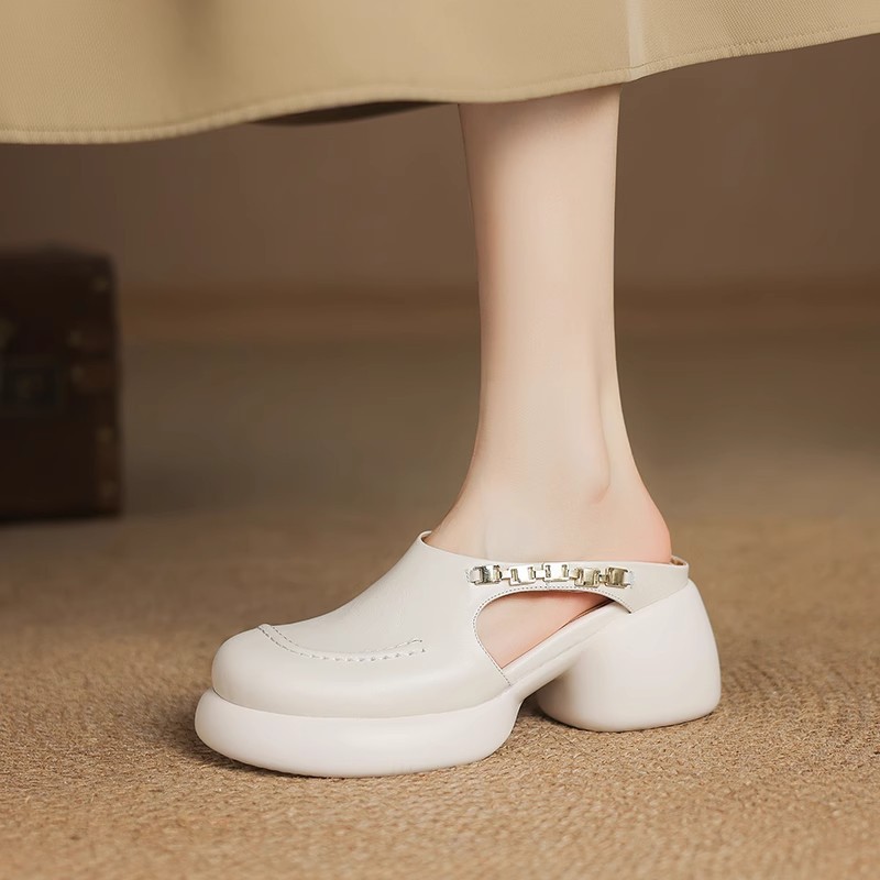 Baotou thick-soled sandals for women with soft leather wearing thick heels semi-drag summer metal buckle high heel fairy slippers - Image 8