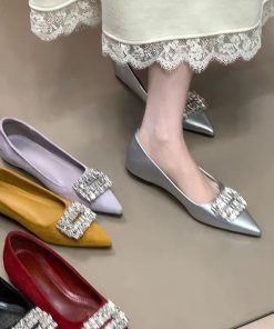 French style high-rise shoes for women's shoes for spring pointed toe rhinestone square buckle with skirt flat-soled evening breeze shoes