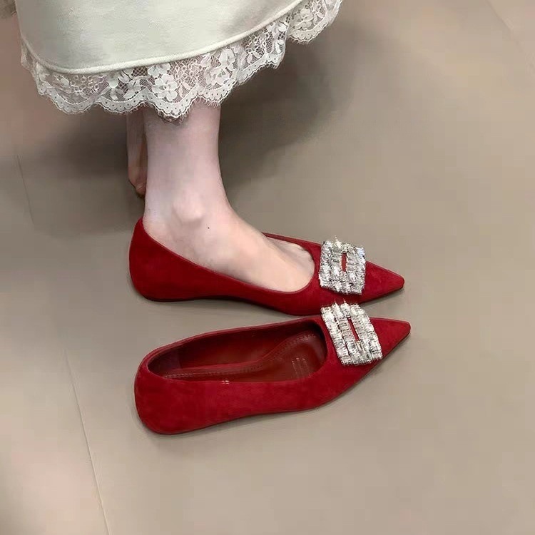 French style high-rise shoes for women's shoes for spring pointed toe rhinestone square buckle with skirt flat-soled evening breeze shoes - Image 2