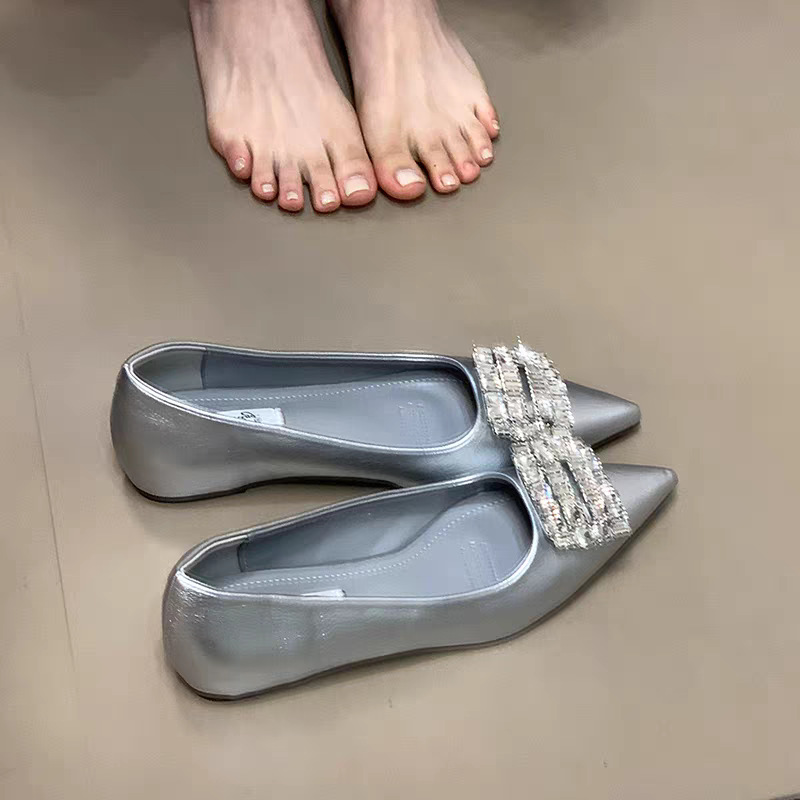 French style high-rise shoes for women's shoes for spring pointed toe rhinestone square buckle with skirt flat-soled evening breeze shoes - Image 3