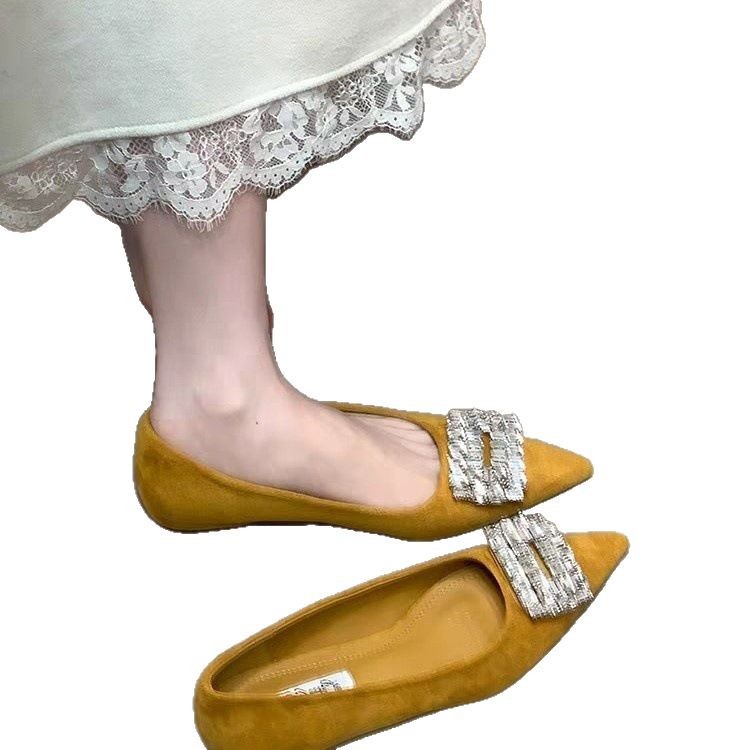 French style high-rise shoes for women's shoes for spring pointed toe rhinestone square buckle with skirt flat-soled evening breeze shoes - Image 5