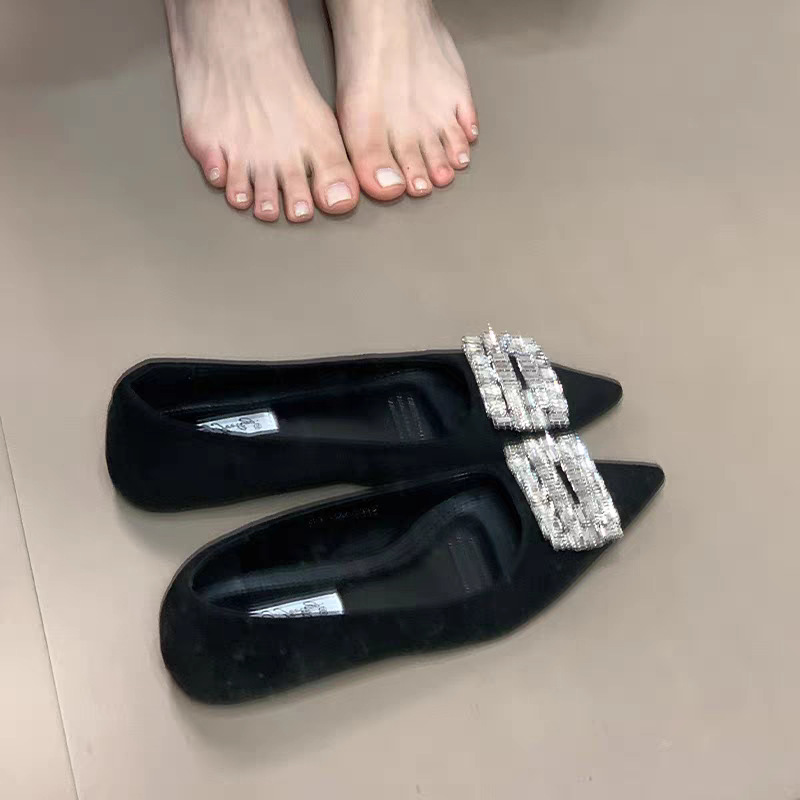 French style high-rise shoes for women's shoes for spring pointed toe rhinestone square buckle with skirt flat-soled evening breeze shoes - Image 6