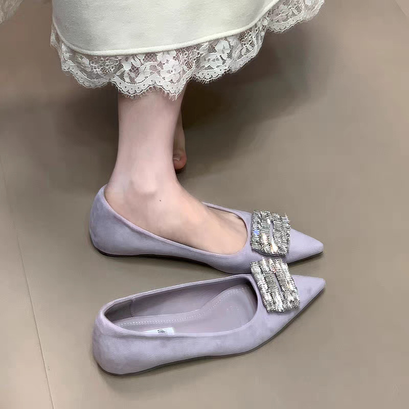 French style high-rise shoes for women's shoes for spring pointed toe rhinestone square buckle with skirt flat-soled evening breeze shoes - Image 8