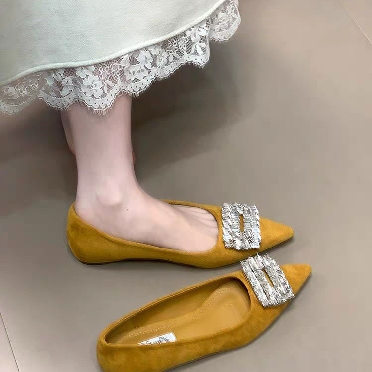 French style high-rise shoes for women's shoes for spring pointed toe rhinestone square buckle with skirt flat-soled evening breeze shoes - Image 9