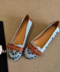 Soft leather version ~Embroidered retro round toe light mouth single shoes for women color combination simple casual embroidery low heel shoes