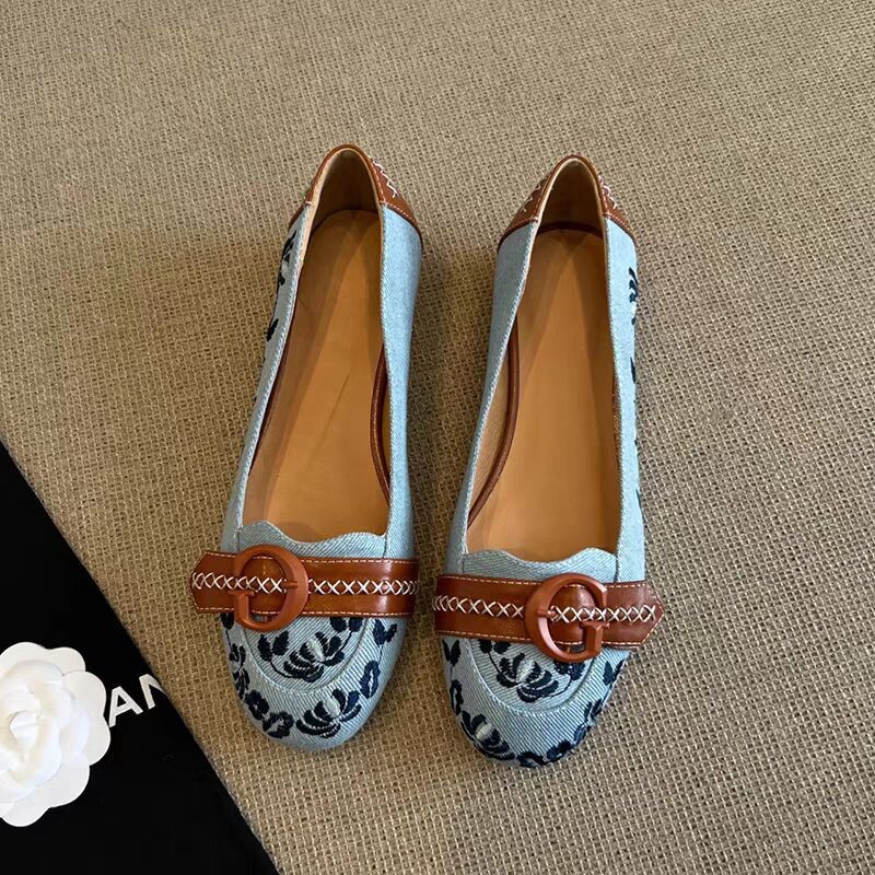Soft leather version ~Embroidered retro round toe light mouth single shoes for women color combination simple casual embroidery low heel shoes - Image 7