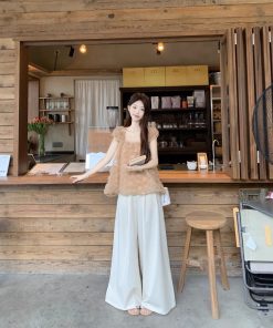Real shot of sweet heavy industry three-dimensional mesh fluffy hem small flying sleeve top high waist versatile wide-leg pants suit