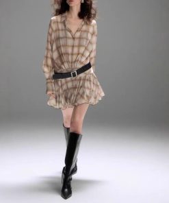 Khaki checked lapel loose wood ears short dress niche shirt pleated skirt