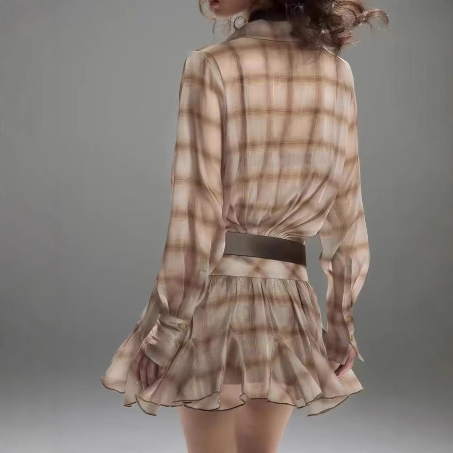 Khaki checked lapel loose wood ears short dress niche shirt pleated skirt - Image 4