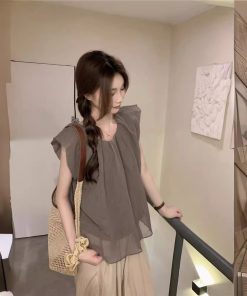 Real photo of Korean retro simple loose solid color shirt wrinkled cotton linen small flying sleeve round neck pullover top