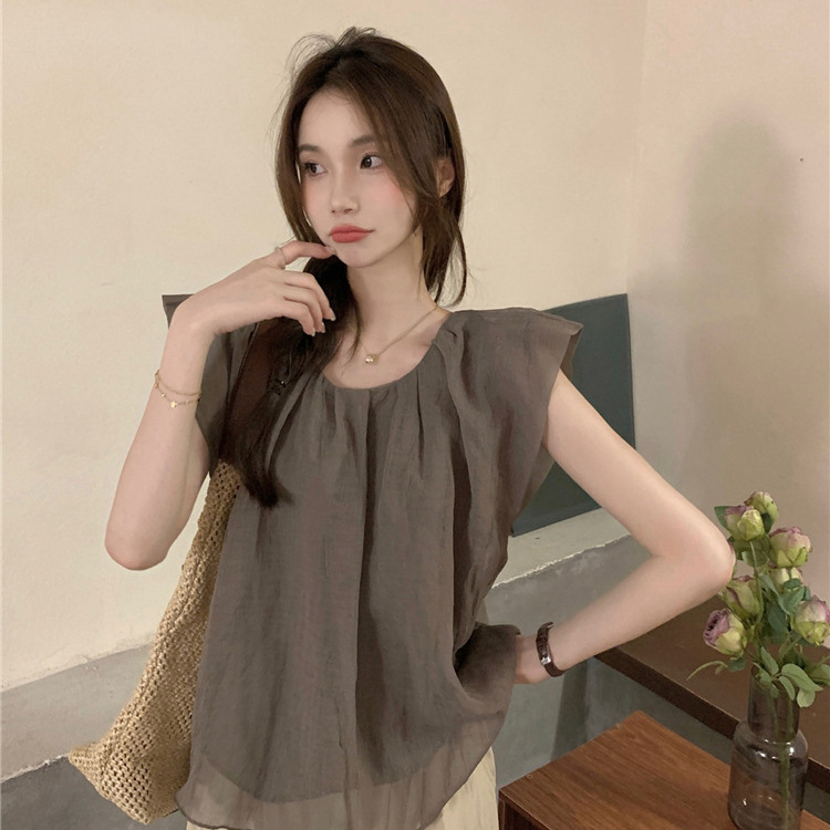 Real photo of Korean retro simple loose solid color shirt wrinkled cotton linen small flying sleeve round neck pullover top - Image 2
