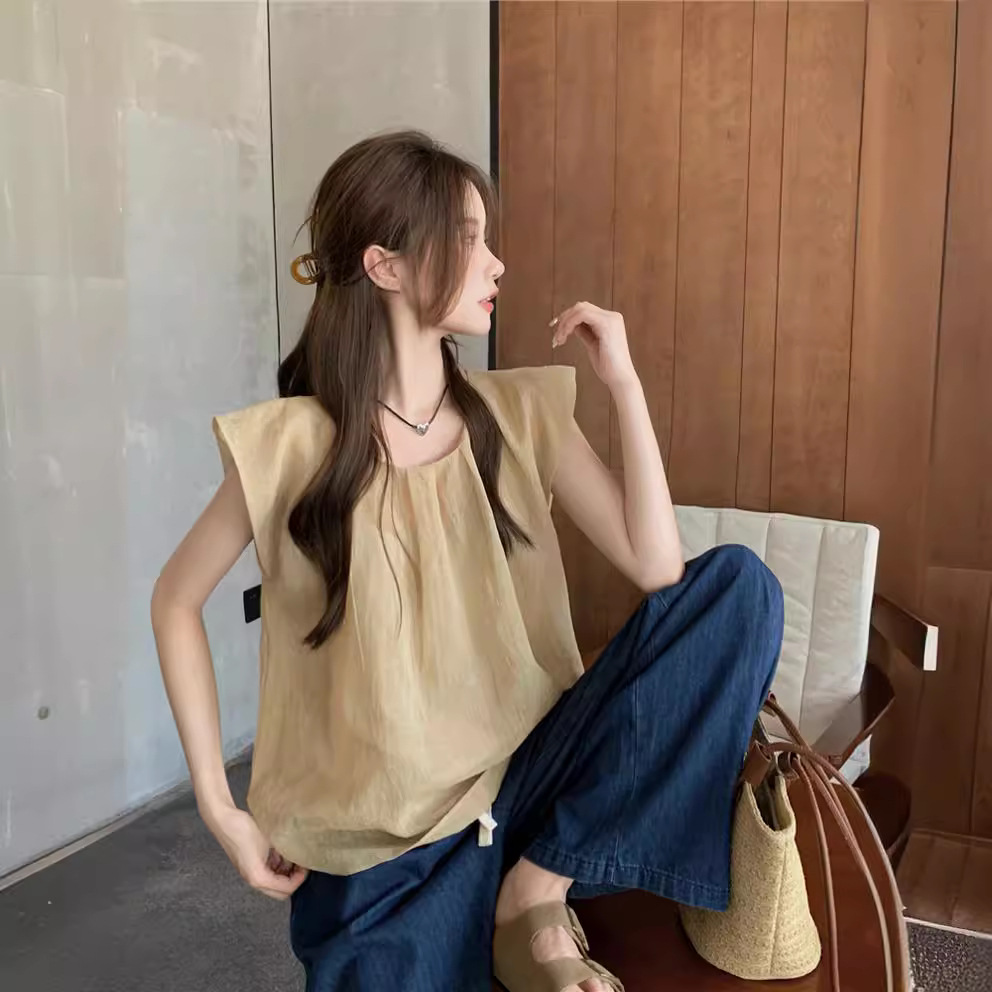 Real photo of Korean retro simple loose solid color shirt wrinkled cotton linen small flying sleeve round neck pullover top - Image 3