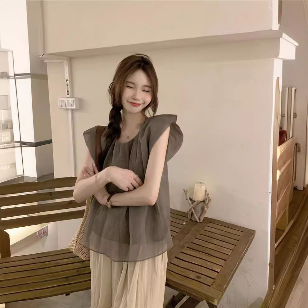 Real photo of Korean retro simple loose solid color shirt wrinkled cotton linen small flying sleeve round neck pullover top - Image 5