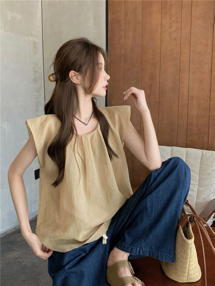 Real photo of Korean retro simple loose solid color shirt wrinkled cotton linen small flying sleeve round neck pullover top - Image 8