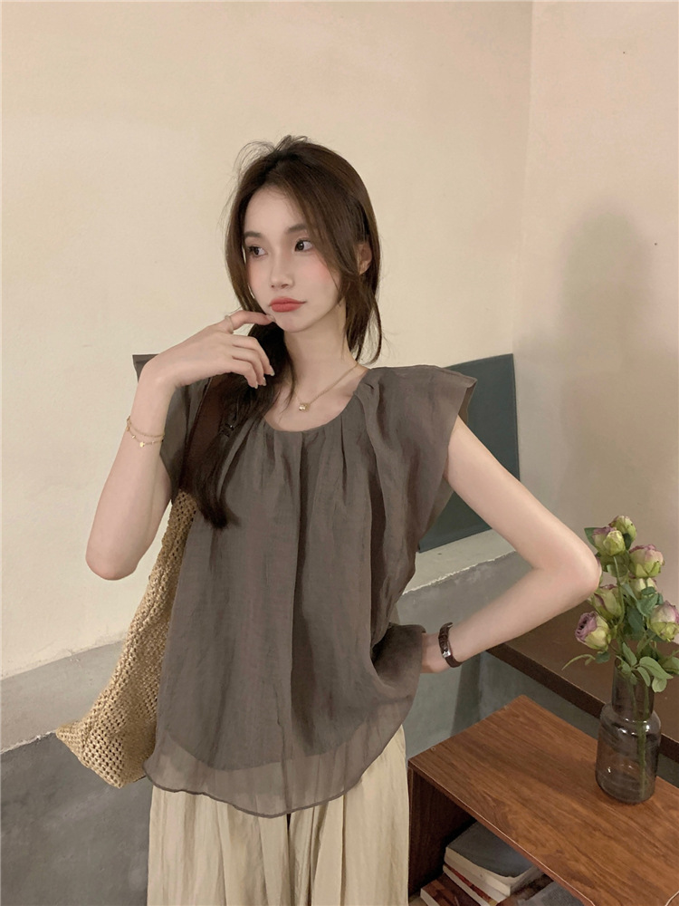 Real photo of Korean retro simple loose solid color shirt wrinkled cotton linen small flying sleeve round neck pullover top - Image 9