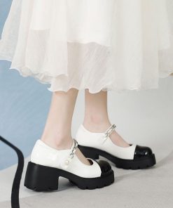 Small fragrant style thick sole Mary Jane shoes small leather shoes spring and autumn year one-button color-blocking thick heel single shoes for women