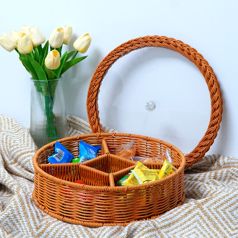 Imitation rattan woven with lid five-point lattice fruit basket living room coffee table dried fruit plate high-end storage box household melon seeds dessert plate - Image 6