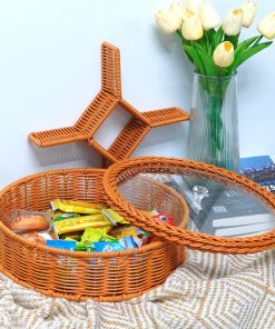 Imitation rattan woven with lid five-point lattice fruit basket living room coffee table dried fruit plate high-end storage box household melon seeds dessert plate