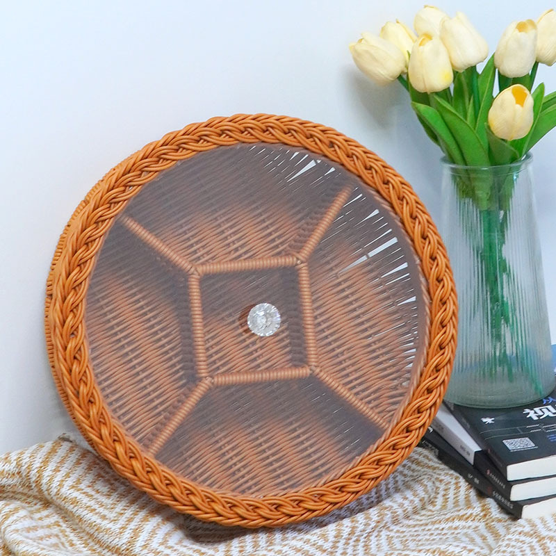 Imitation rattan woven with lid five-point lattice fruit basket living room coffee table dried fruit plate high-end storage box household melon seeds dessert plate - Image 2