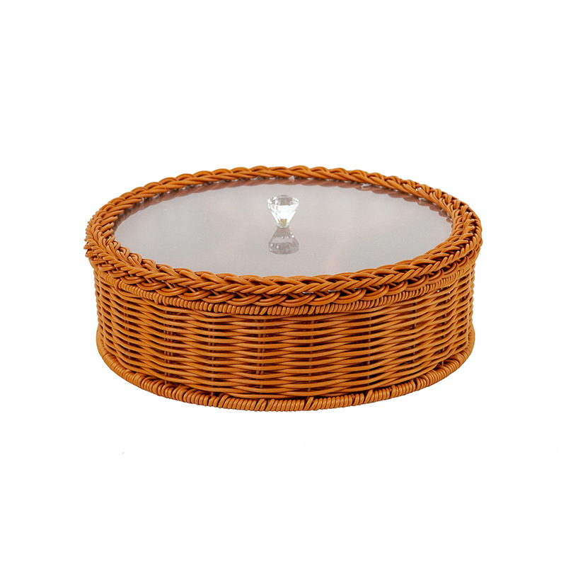 Imitation rattan woven with lid five-point lattice fruit basket living room coffee table dried fruit plate high-end storage box household melon seeds dessert plate - Image 3