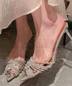 French silver transparent rhinestone stiletto heels summer niche design sense Baotou mid-heel sandals for women