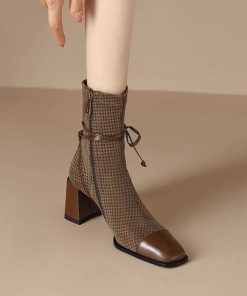 Kanaigu Temperament style ~ Square-toed houndstooth Martin boots for women with autumn bow thick high heels