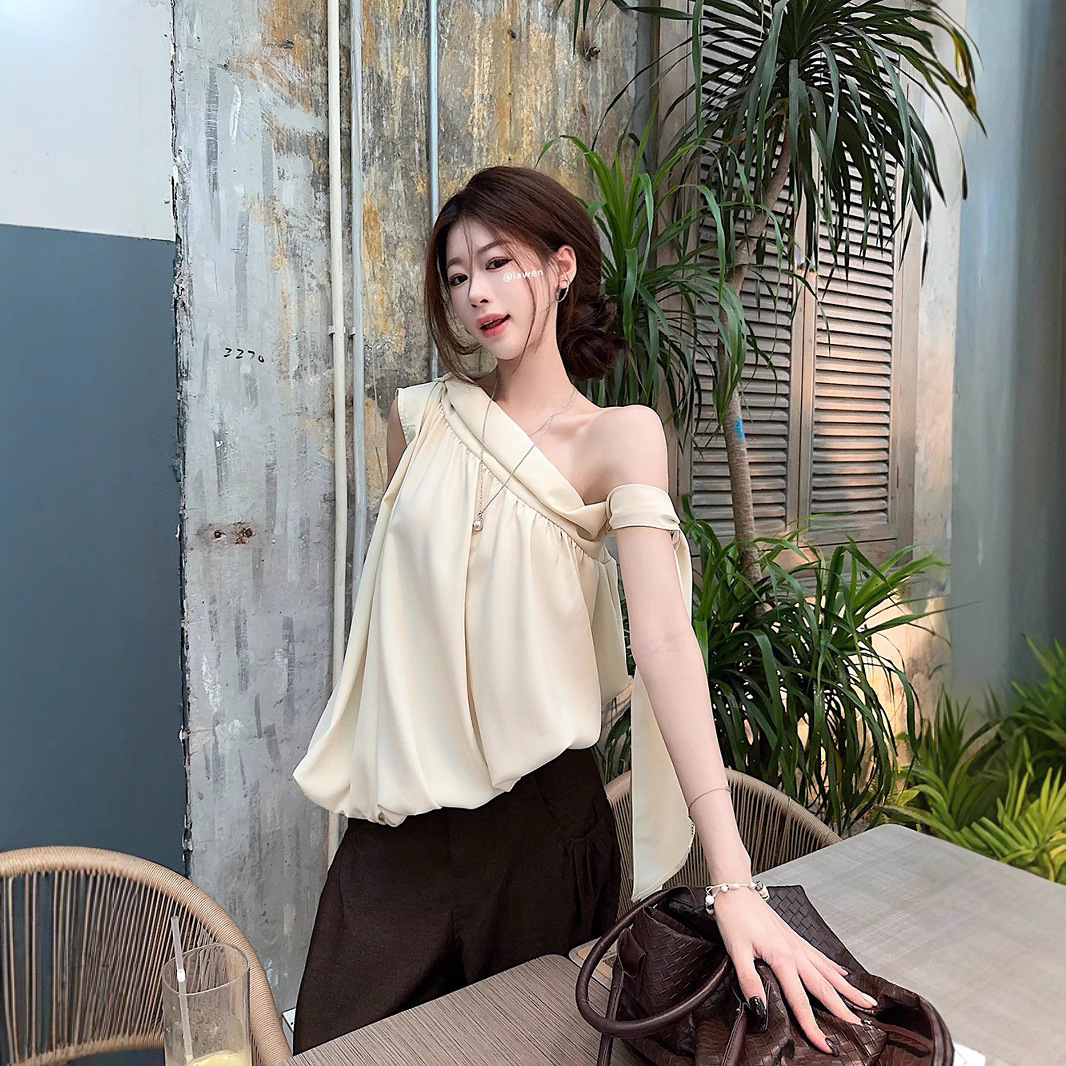 Real shot~French irregular slanted shoulder top for women's sleeveless outerwear design sense streamer vest suspender summer - Image 3