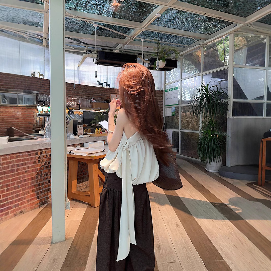 Real shot~French irregular slanted shoulder top for women's sleeveless outerwear design sense streamer vest suspender summer - Image 4