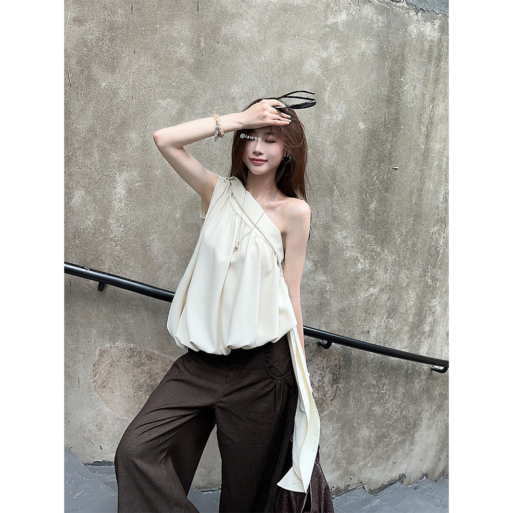 Real shot~French irregular slanted shoulder top for women's sleeveless outerwear design sense streamer vest suspender summer - Image 5