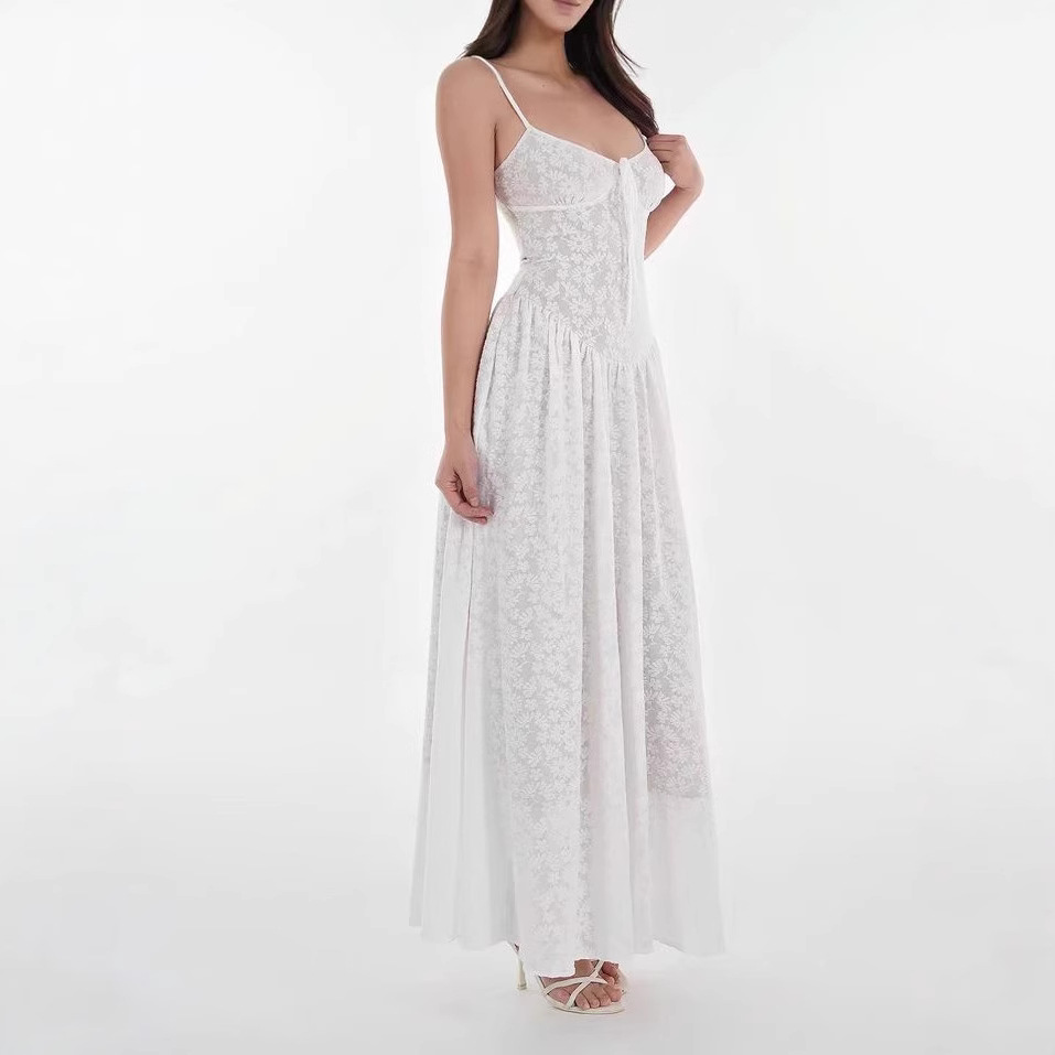 French white lace stretch jacquard cardigan suspender long skirt suit - Image 3