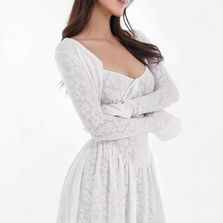 French white lace stretch jacquard cardigan suspender long skirt suit - Image 5