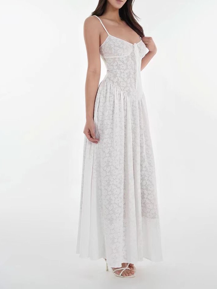 French white lace stretch jacquard cardigan suspender long skirt suit - Image 6