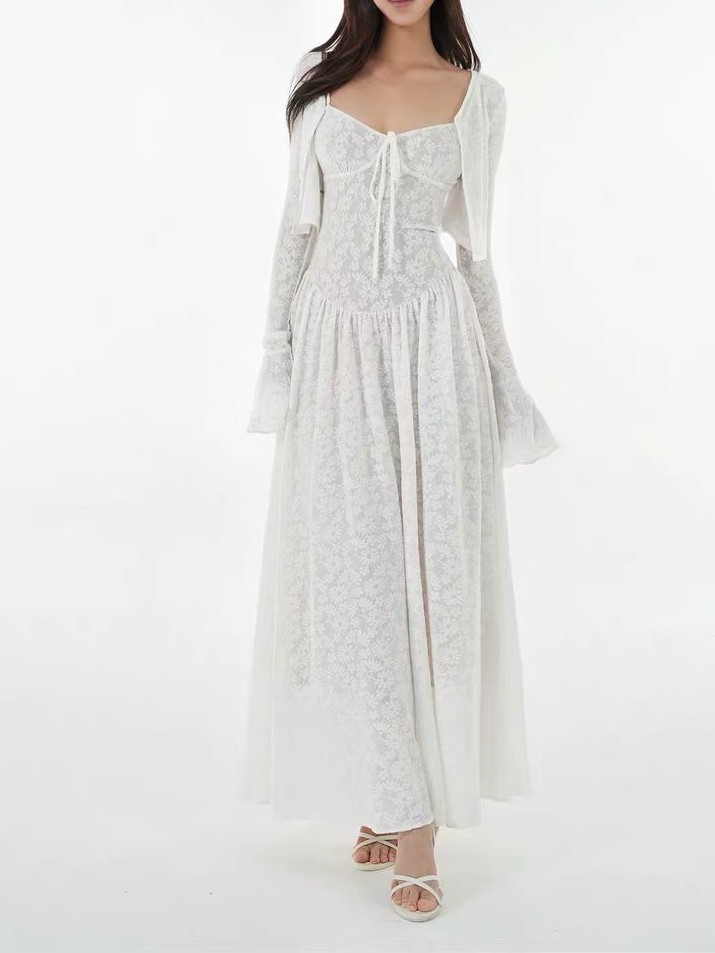 French white lace stretch jacquard cardigan suspender long skirt suit - Image 7