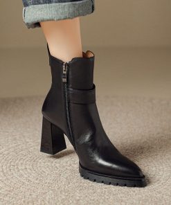 Small thick-soled Martin boots for women's soft leather thick heels thin boots for autumn and winter super high heels pointed toe boots