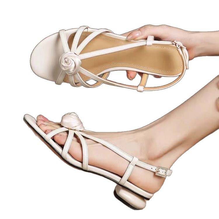 French beautiful fairy flower open-toed sandals for women in summer with skirt with one-button thick heels - Image 5