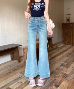 Real shot~light blue slim jeans women's summer high-waisted slim and stretchy flared trousers