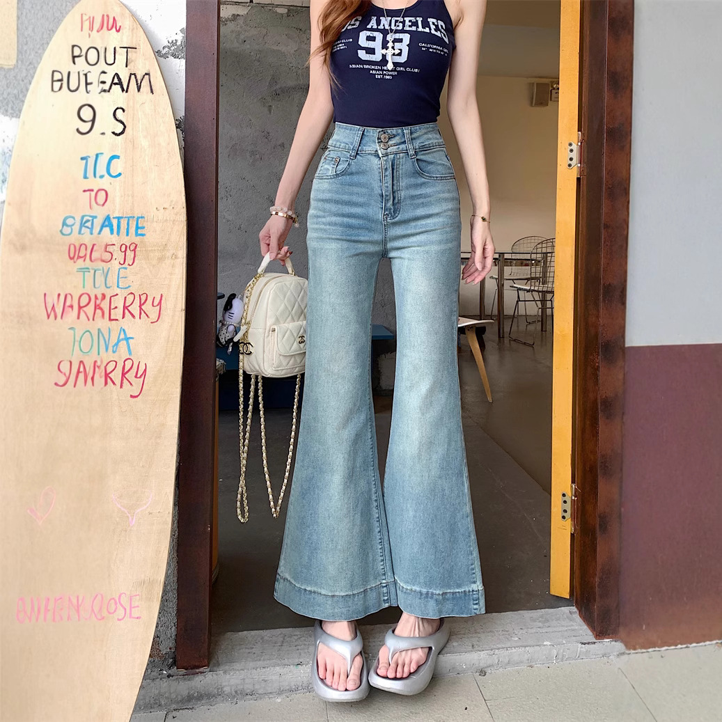 Real shot~light blue slim jeans women's summer high-waisted slim and stretchy flared trousers - Image 3