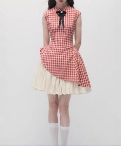 Strawberry cream pie, new Chinese style red plaid waist-hugging and slim small stand-up collar dress for women