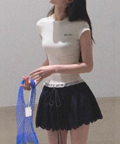 / "See yourself to make peace" Lace skin-friendly, antibacterial slimming tight short-sleeved shirt top