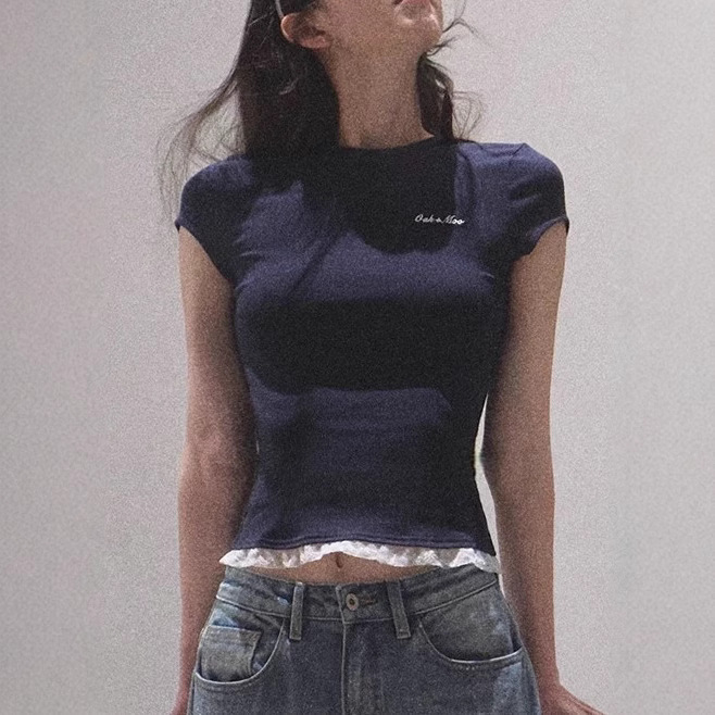 / "See yourself to make peace" Lace skin-friendly, antibacterial slimming tight short-sleeved shirt top - Image 4