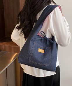 Casual commuting large bag for women double-sided denim single-shoulder underarm tote bag large capacity plaid bag