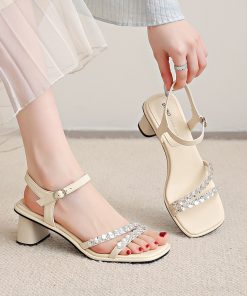 Sandals for women wearing summer fairy style silver skirt French thick heels bright diamond temperament high heels