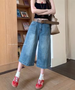 Real photo American retro jeans for women in summer design high waist wide-leg cropped pants medium pants
