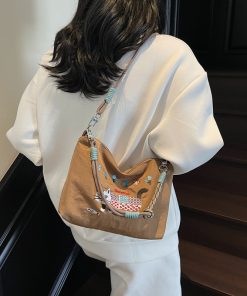 Large capacity spring and summer cat embroidery bag waterproof handheld crossbody bag shoulder bag shopping bag cartoon nylon bag women